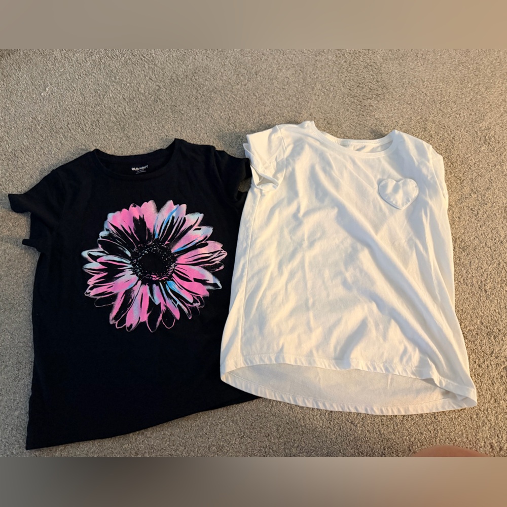 Old Navy Kids Black and White T-Shirts with Floral and Heart Designs